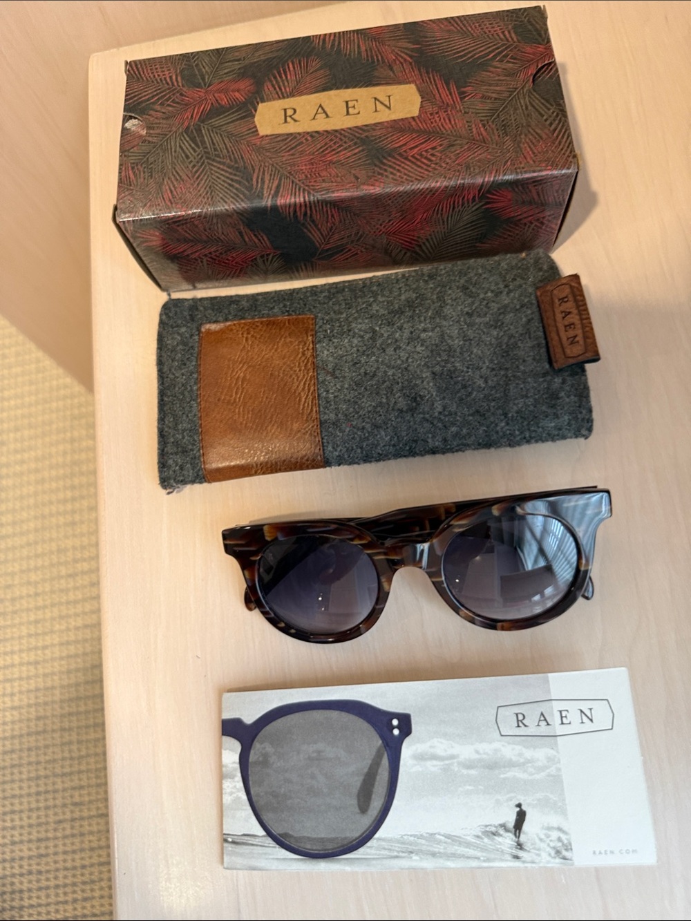 RAEN Tortoise Sunglasses,, Blue Lenses NWOT handmade model 47023140 Manzanita